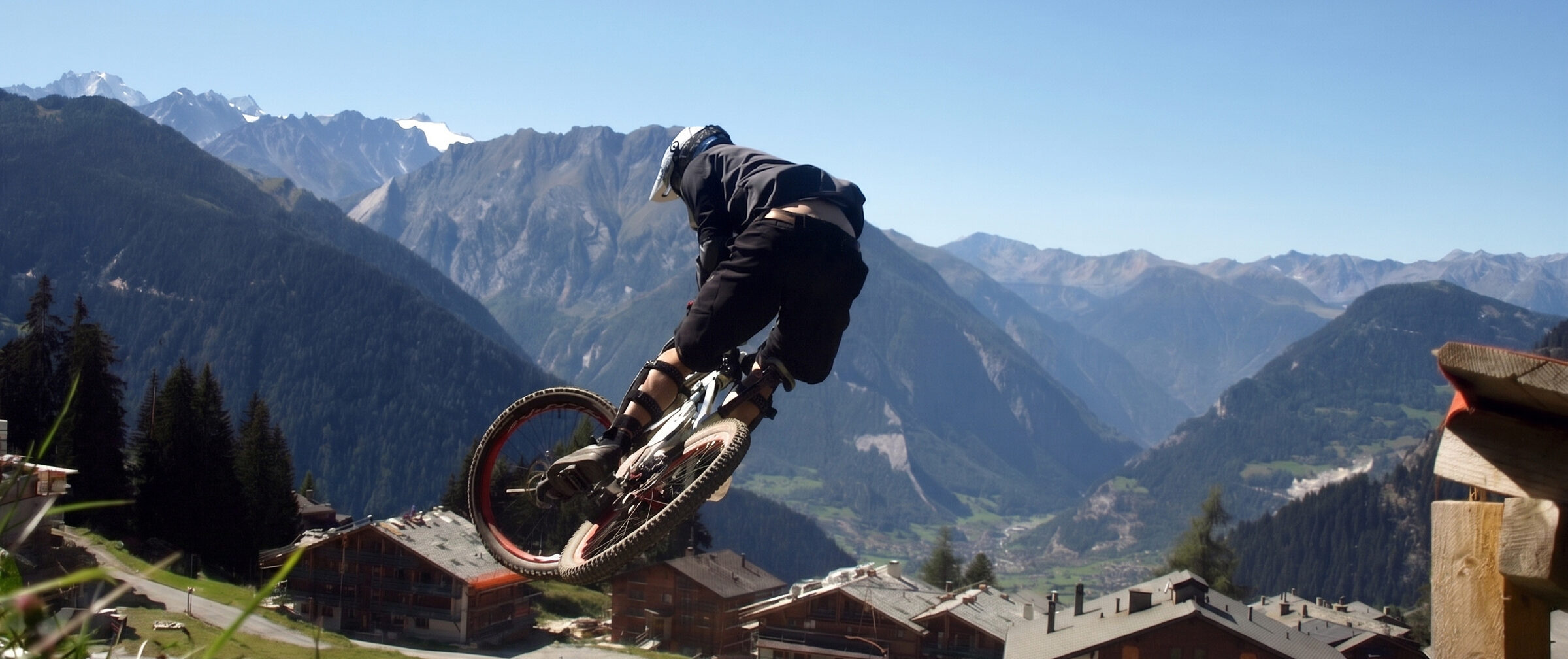Rider airing out over an alpine village