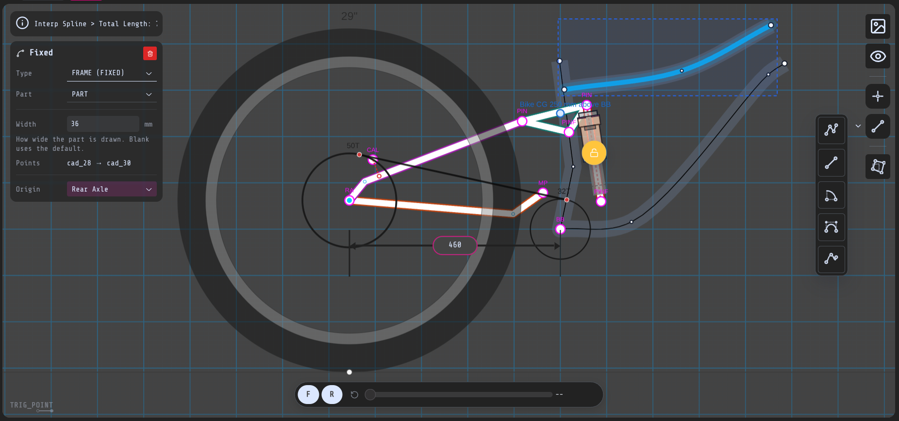 TrigPoint linkage designer showing a custom mountain-bike suspension layout on a drawing grid