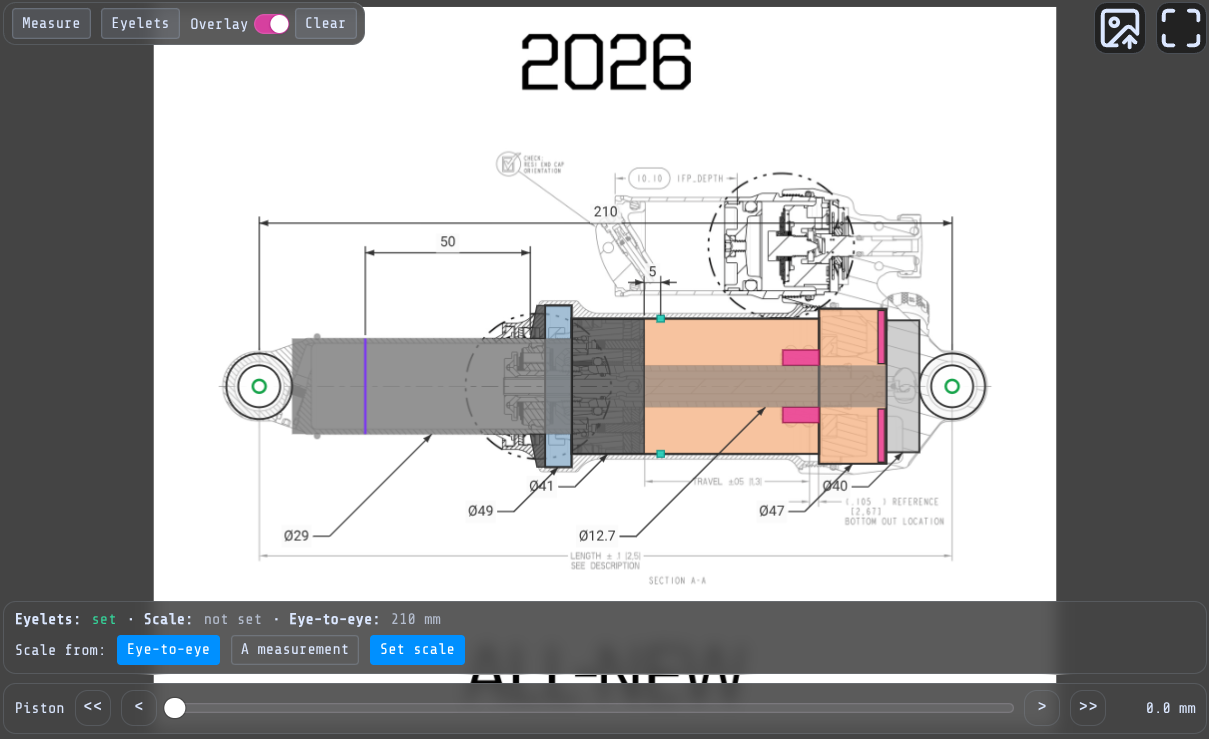 TrigPoint shock analyser showing an overlaid shock drawing and adjustment controls